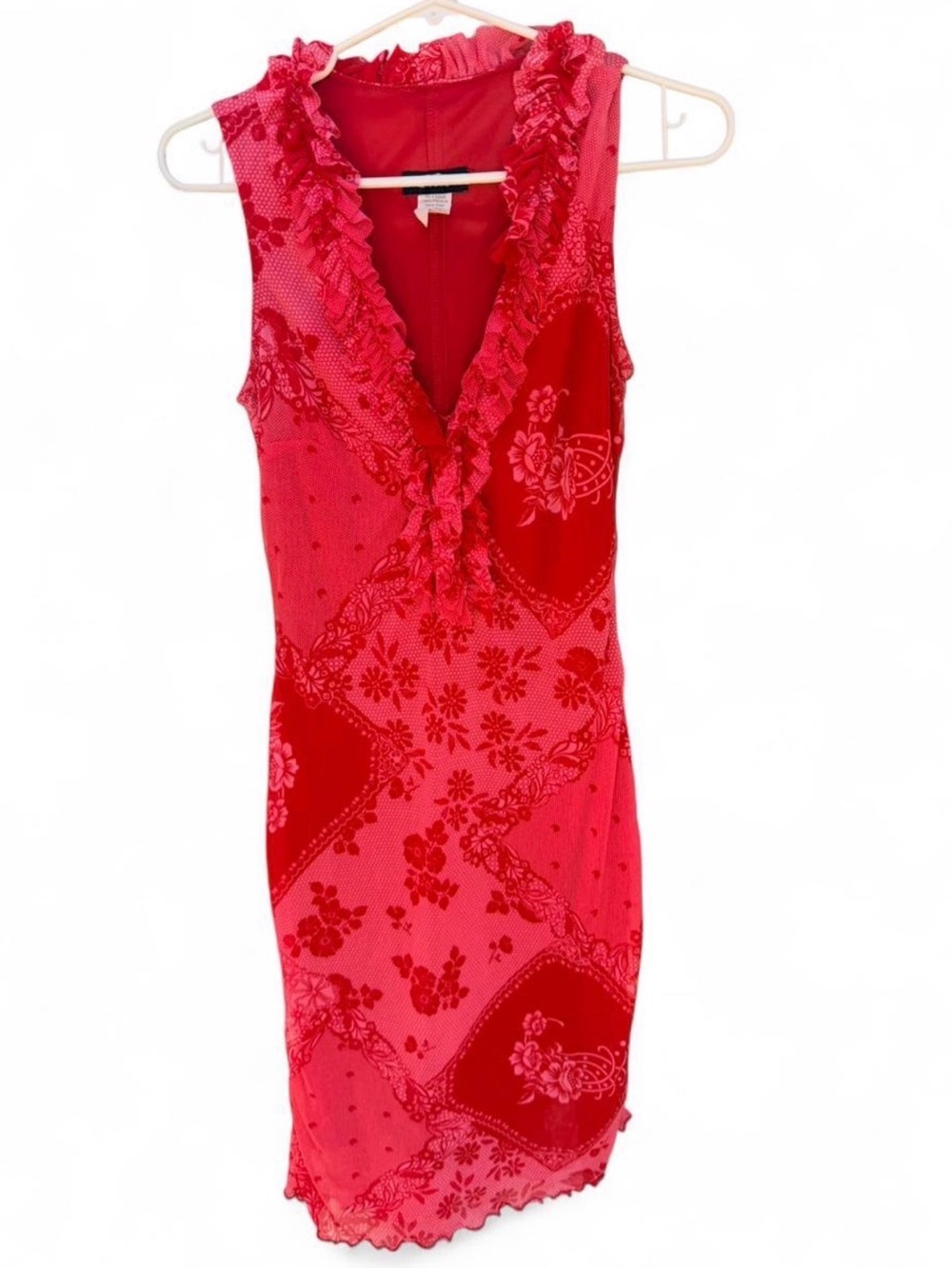 zinc Red Floral Paisley Ruffle V-Neck Dress